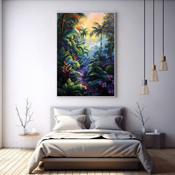 Vivid jungle at sunrise with golden-pink sky, violet path and pink flowers among palms