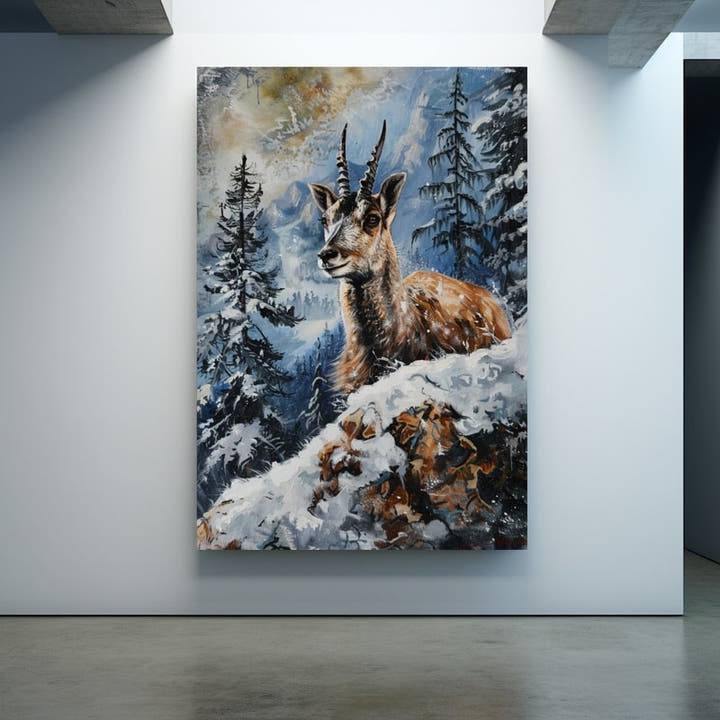 Acrylic painting of an alpine chamois on a snowy outcrop among frosted pines