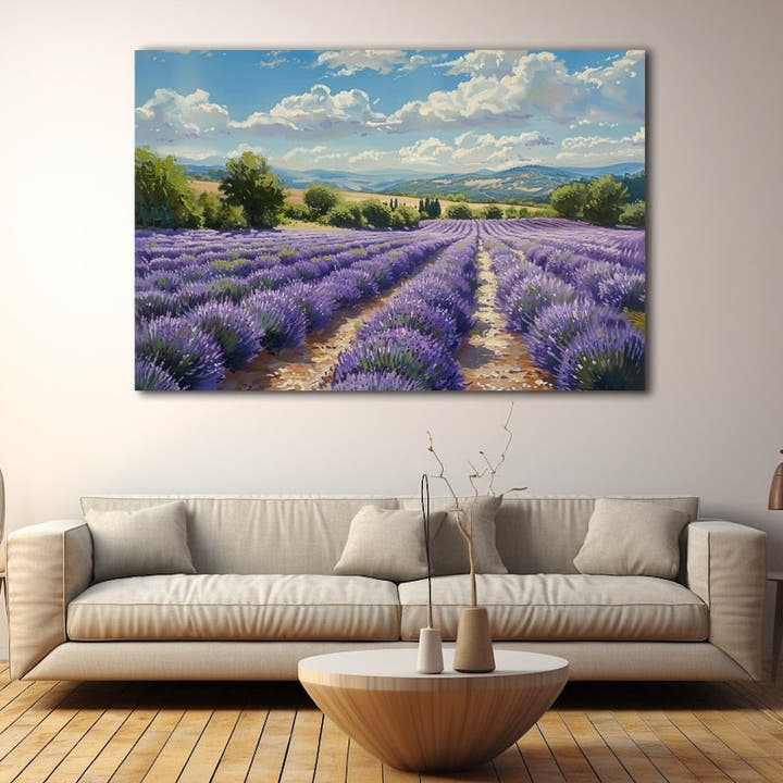 Panoramic lavender field painting across a Provencal valley with golden hills