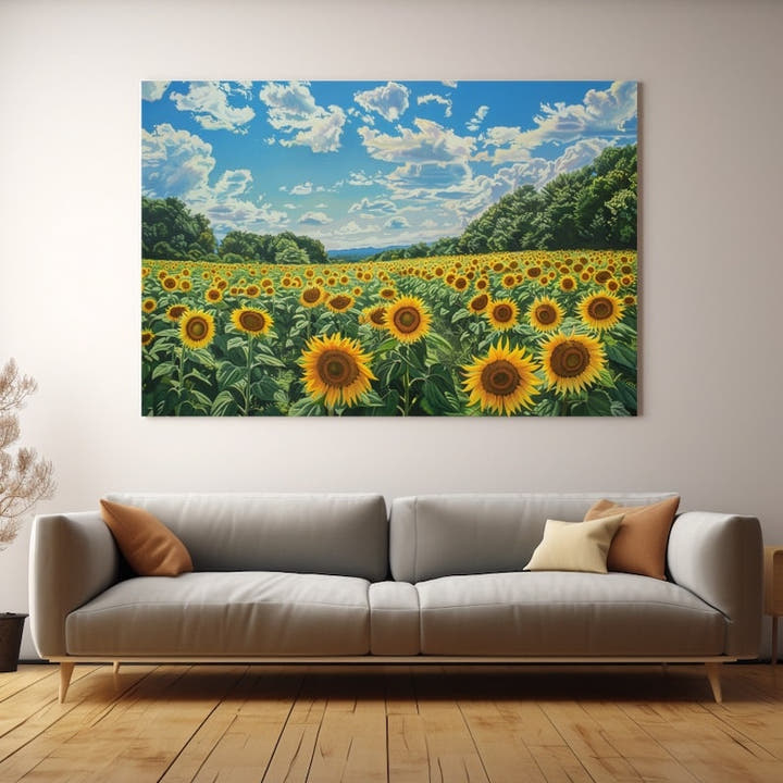 Painting of blooming sunflower field under a blue sky with white clouds