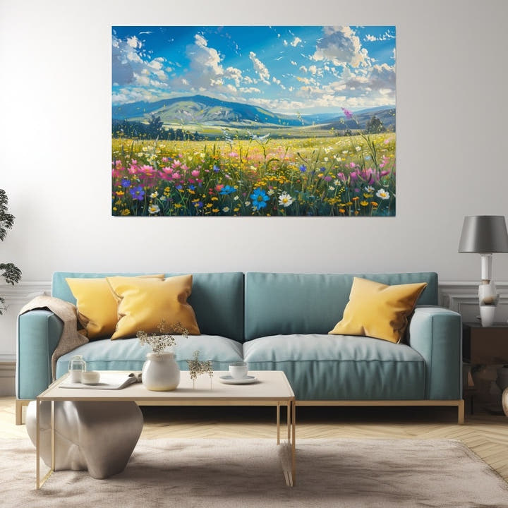 Painting of an alpine wildflower meadow with pink and blue blooms before green hills and mountains