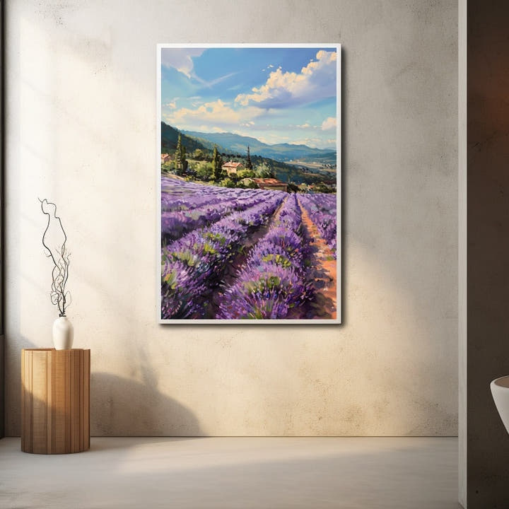 Vertical lavender painting with purple rows rising to a Provencal stone village