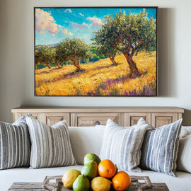 Impasto painting of an olive grove over golden grasses under a turquoise sky