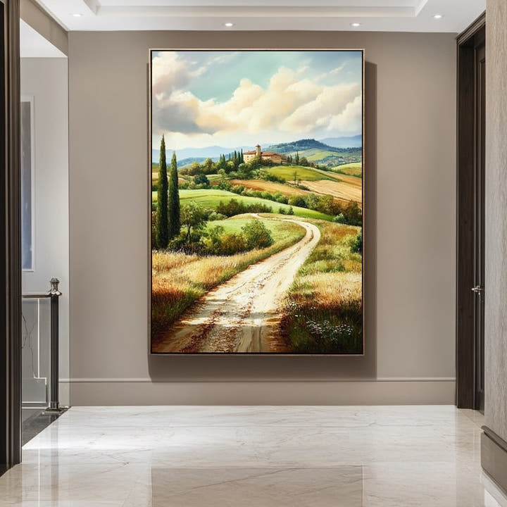 French countryside painting with a winding lane through green hills and cypress trees