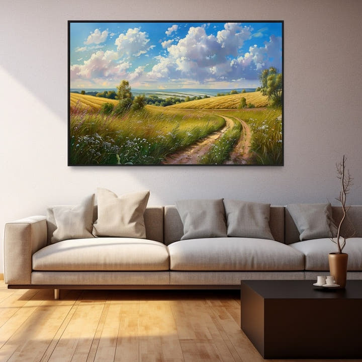 Countryside path painting winding through golden fields toward a distant valley