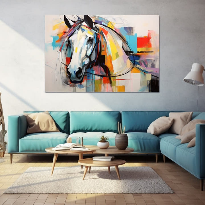 Abstract painting of a white horse amid splashes of blue, red and yellow colour