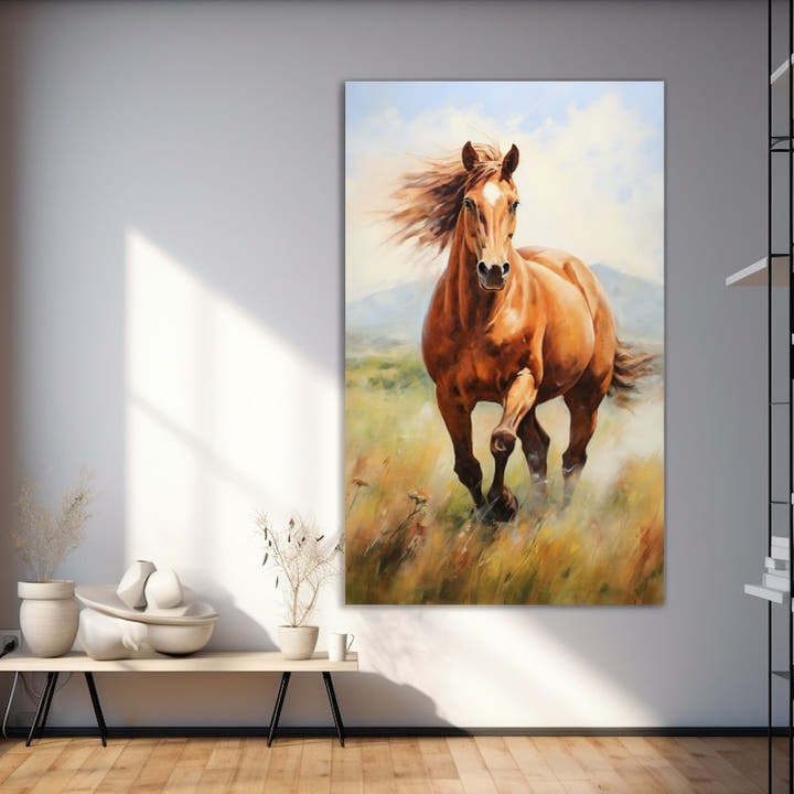 Chestnut horse galloping through golden summer grass with mountains behind