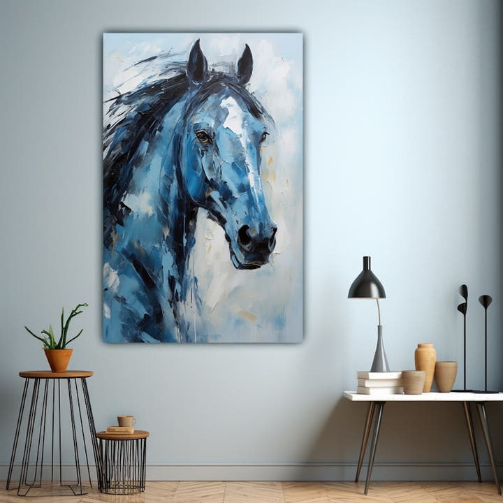 Expressive blue horse portrait painted in palette-knife strokes