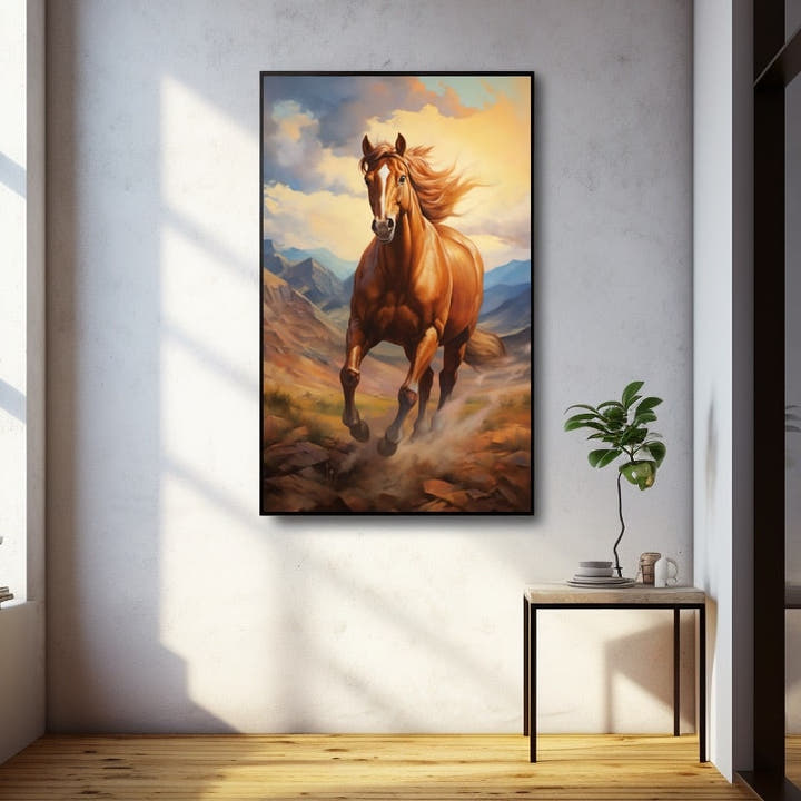 Contemporary painting of a chestnut horse galloping through sunlit mountains