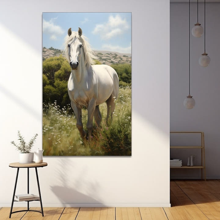 Painting of a white Andalusian horse in a sunlit Spanish meadow