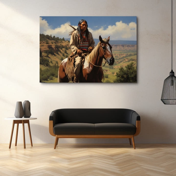 Native American rider on a paint horse above a sunlit canyon landscape