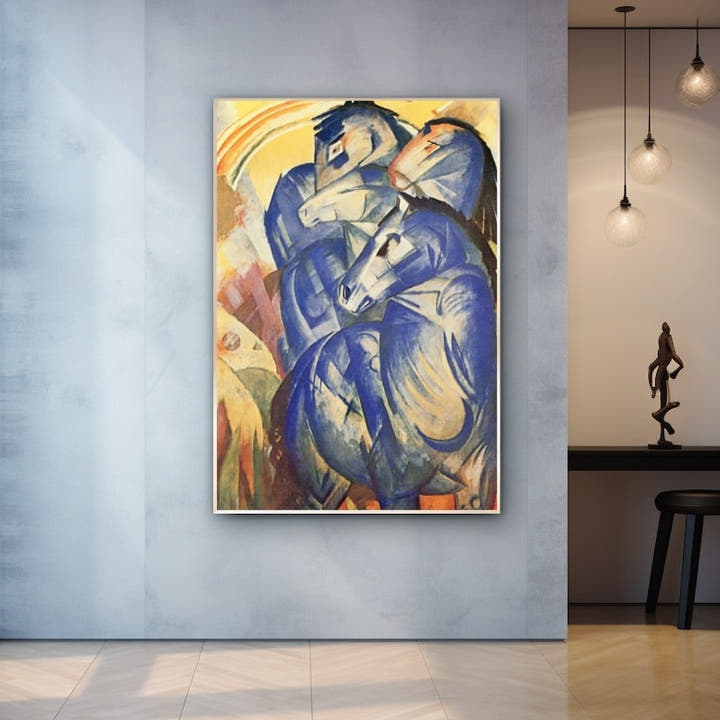 Expressionist painting of blue horses stacked in a tower against a yellow and ochre background