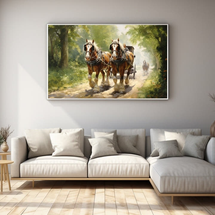 Two chestnut draught horses pulling a carriage down a sunlit tree-lined country lane