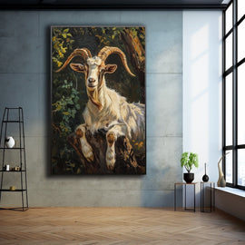 Painting of a horned goat resting among dark green foliage