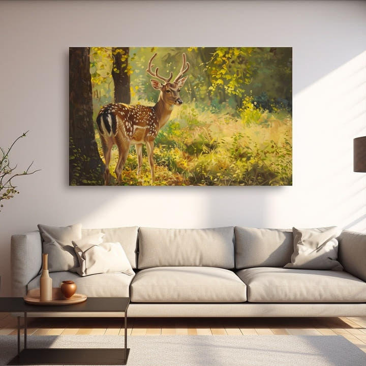 Painting of a spotted roe deer in sunlit golden woodland