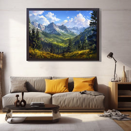 Painting of an alpine valley with snow-capped peaks, conifer forest and meadow