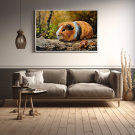 Painting of a tricolour guinea pig on a log among autumn leaves