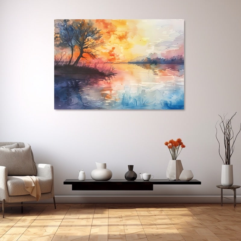 Watercolour lakeside sunset in amber, blue and lilac on still water