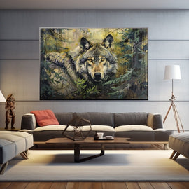 Dramatic watercolour of a wolf crouched among green ferns with amber eyes