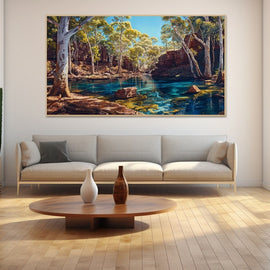 Contemporary painting of a eucalyptus gorge with a turquoise waterhole in the Australian bush
