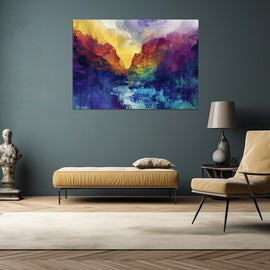Abstract contemporary landscape oil painting with gold light between violet and blue peaks