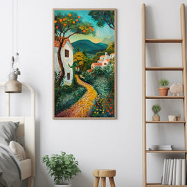 Naive folk-art village landscape with cottages, an orange tree and a golden path