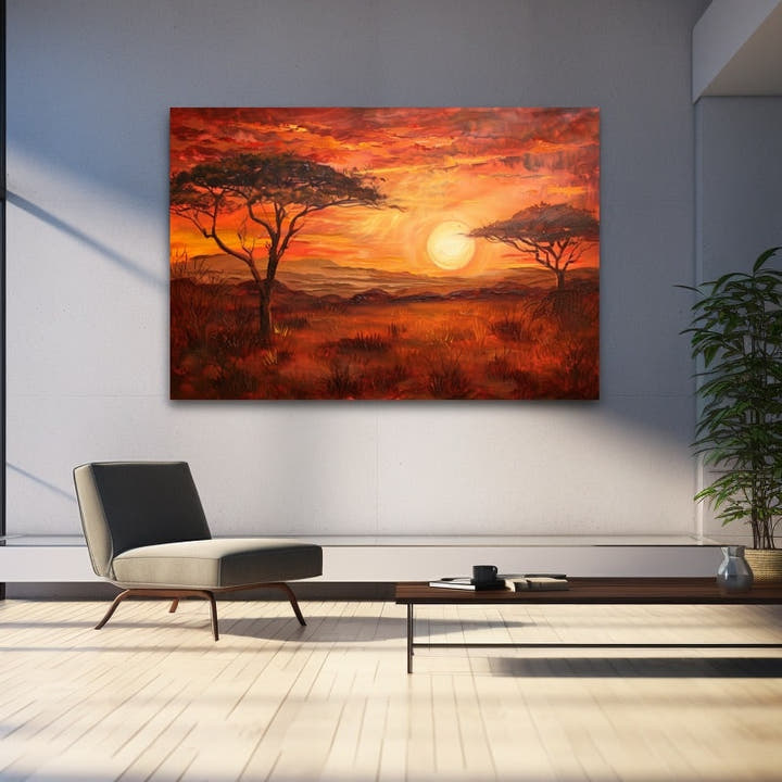 African savannah at sunset with two acacia trees framing a glowing sun over ochre grassland