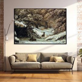 Courbet-style landscape painting of a roe deer in a snowy winter wood