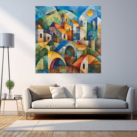 Cubist hillside village of faceted houses and arches under a yellow sun