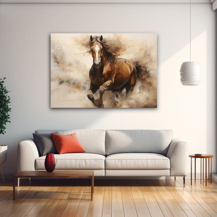 Bay horse charging forward amid swirling beige dust, expressive strokes