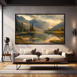 Painterly mountain scene with a still lake, conifers and rugged peaks