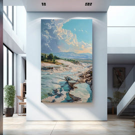 Painting of turquoise mineral terraces below billowing clouds