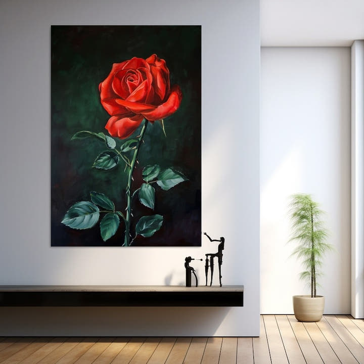 Realistic red rose painting on a dark forest-green background
