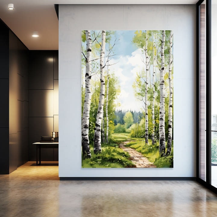 Watercolour painting of a birch grove with a winding path in spring