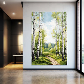 Watercolour painting of a birch grove with a winding path in spring