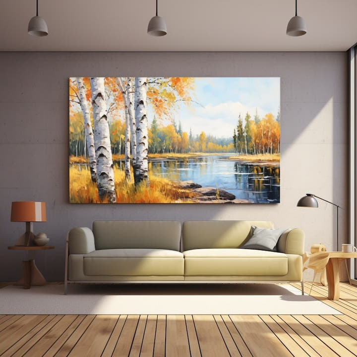 Birch trees beside a calm autumn lake with golden foliage reflected in blue water