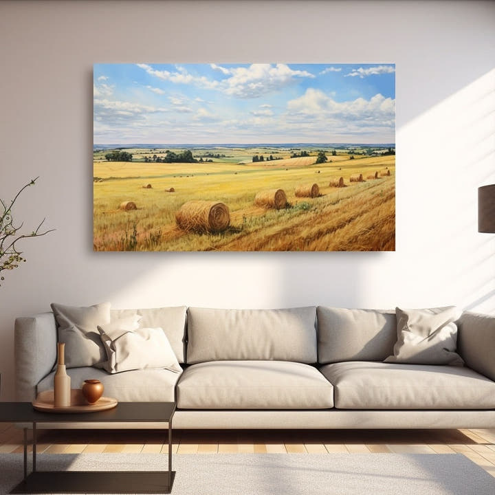 Oil painting of round hay bales on a golden harvested field under a wide summer sky