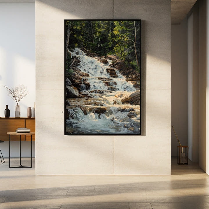 Tiered forest waterfall cascading over brown rock beneath a sunlit green canopy