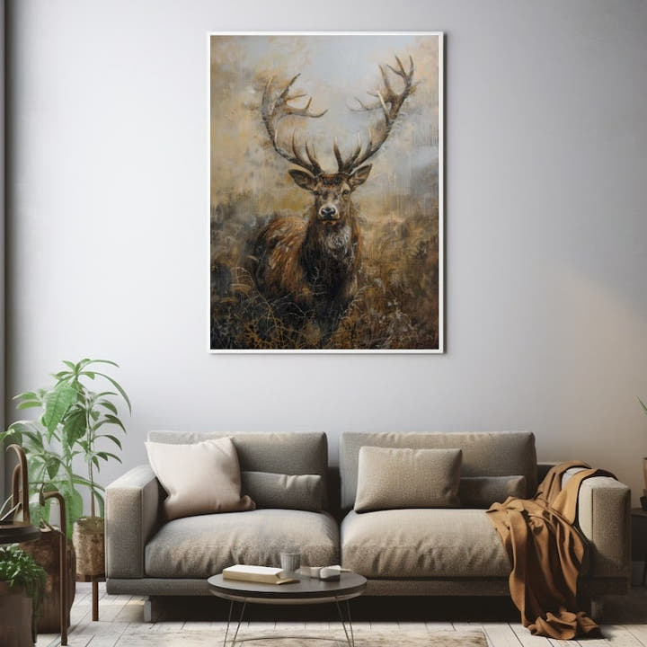 Acrylic deer painting of a stag in misty autumn moorland