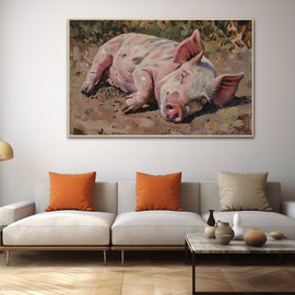 Oil painting of a contented pink pig dozing on sun-warmed earth