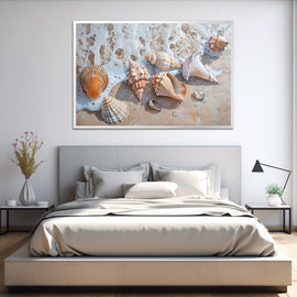 Painting of seashells on wet golden sand as a foamy wave recedes along the shore
