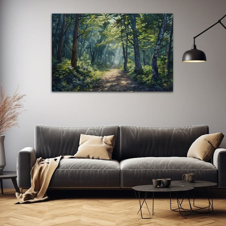 Acrylic landscape painting of a sunlit path through a green forest