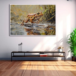 Oil painting of a brown frog leaping from a sunlit pond with splashing water