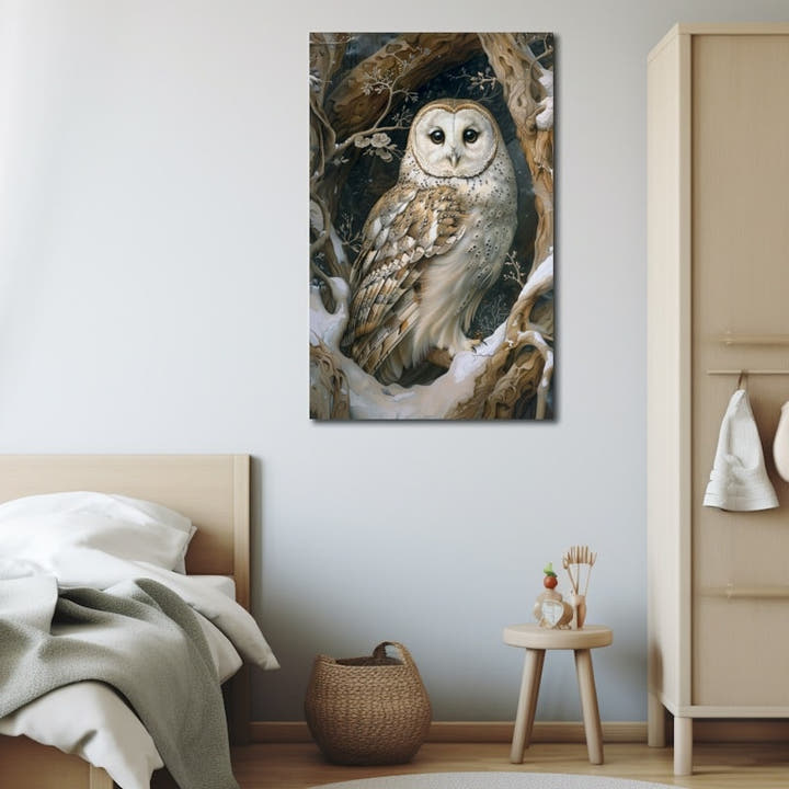 Pale barn owl in a snowy tree hollow with blossom branches