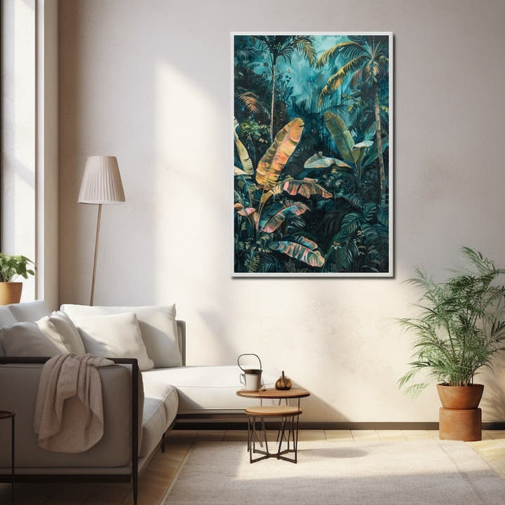 Moody teal and blue jungle painting with glowing pink and gold banana leaves