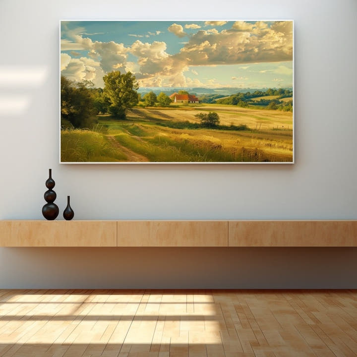 Countryside painting of golden rolling hills and a red-roofed farmhouse in evening light