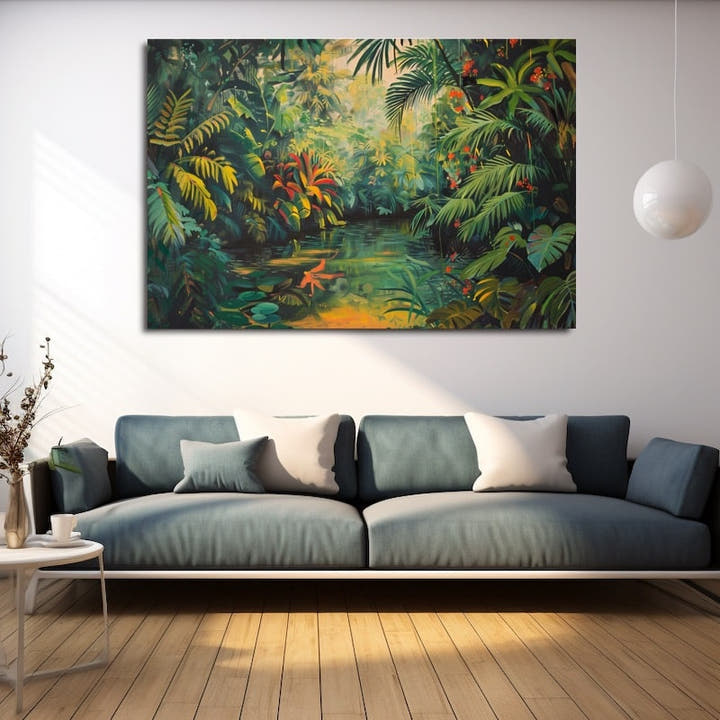 Tropical jungle with palms, broad leaves and red flowers by a green pool