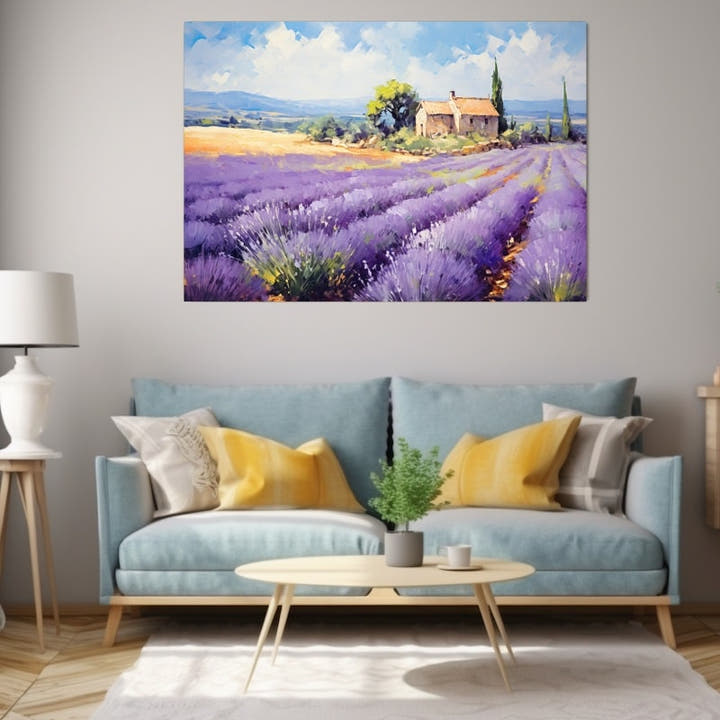 Impressionist lavender garden painting with a stone Provence farmhouse and cypress trees