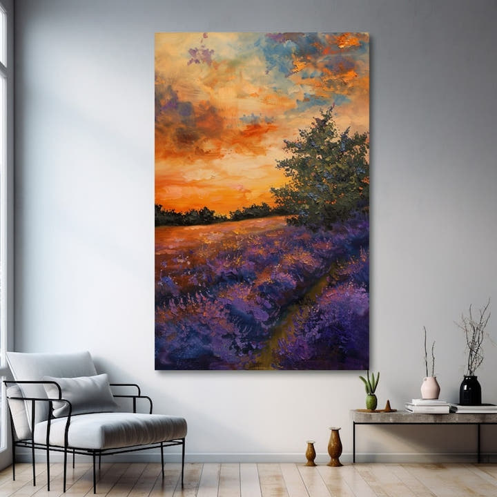 Oil painting of a Provence lavender field under a blazing amber and violet sunset