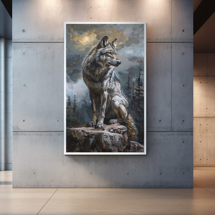 Painting of a grey wolf seated on a rock under a misty golden sky